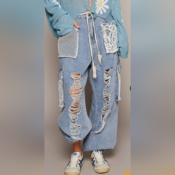 #138 Restocked!! POL Crochet Pocket Denim Joggers,All Products : American Fashion Style Bags On Sale